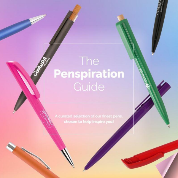 A collection of colorful promotional pens with the text 