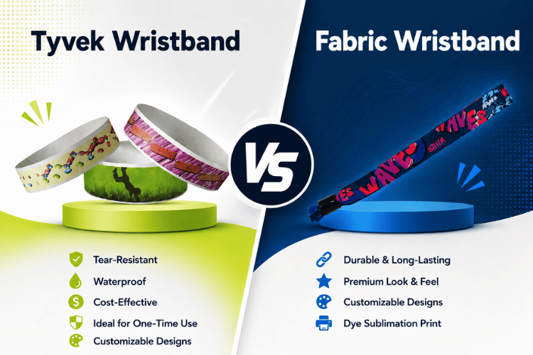 Side by side comparison of Tyvek event wristbands and fabric event wristbands showing key differences including durability, print options and ideal uses