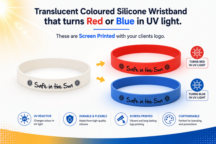 UV reactive silicone wristbands showing colour change from white to red and blue in UV light, screen printed with a custom logo for promotional and charity events