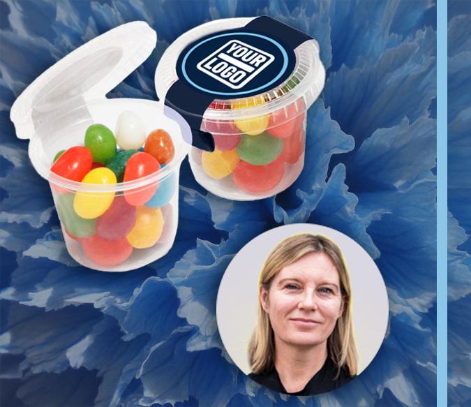 Jelly beans in a branded pot