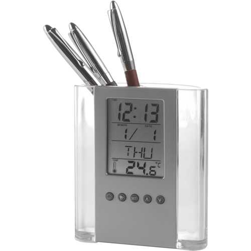 Pen holder with clock