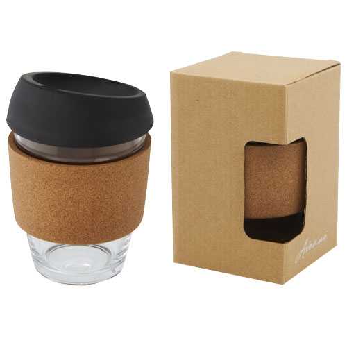 Lidan 360 ml borosilicate glass tumbler with cork grip and silicone lid