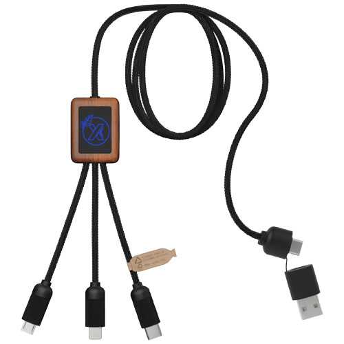 SCX.design C38 5-in-1 rPET light-up logo charging cable with squared wooden casing