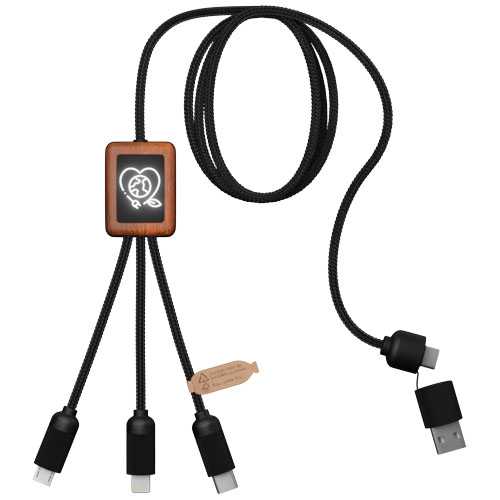 SCX.design C38 5-in-1 rPET light-up logo charging cable with squared wooden casing