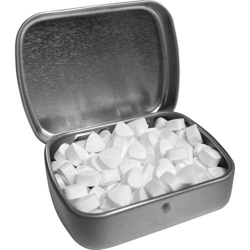 Flat hinged tin with sugar free mints