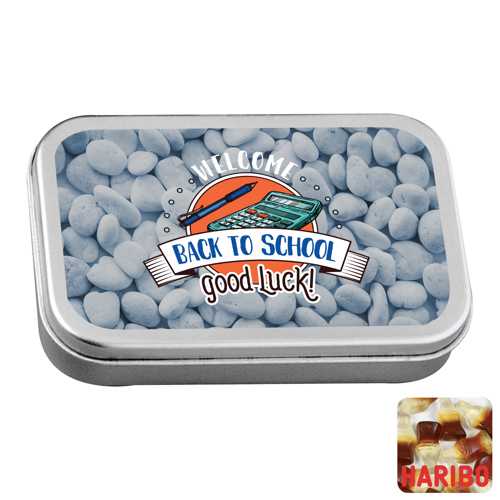 Large flat hinged tin with Haribo cola bottles