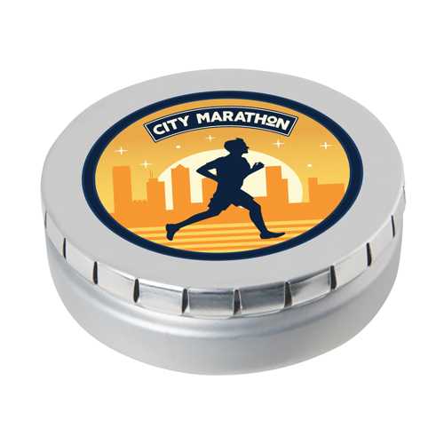 Large round click tin with dextrose mints. 75mm dia