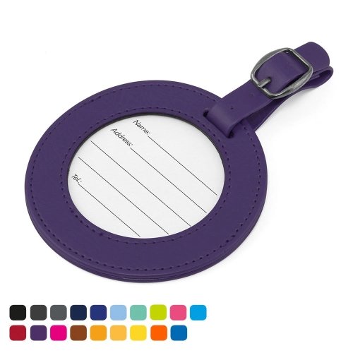 Round Luggage Tag with Clear Window to show details card. in Soft Touch Vegan Torino PU. 