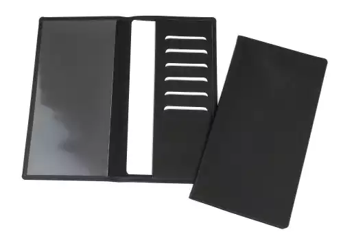 Hampton Leather Travel Wallet with one clear pocket and one material pocket with card slots.