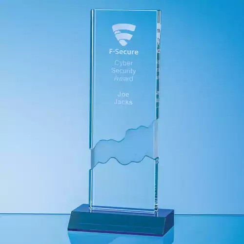 23cm Optical Crystal Deep Etched mounted Rectangle on an Cobalt Blue Base
