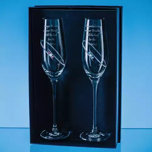 2 His & Hers Diamante Champagne Flutes with Orbital Design in an attractive Gift Box