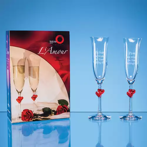 2 LAmour Red Heart Champagne Flutes in an attractive Gift Box