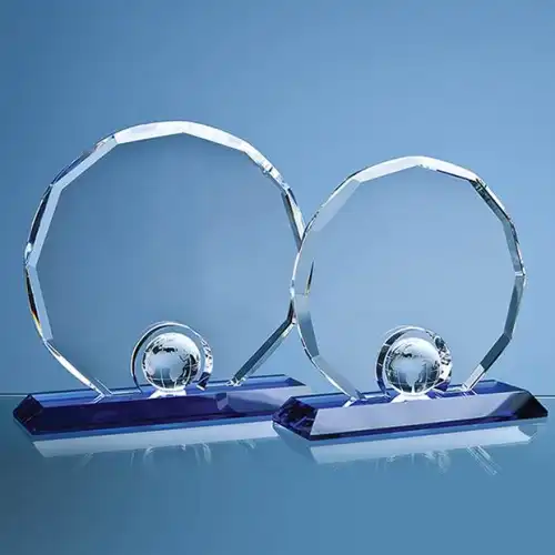 20cm Optical Crystal Decagon with Globe on a Blue Base
