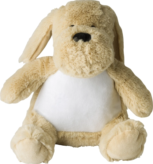 Plush dog with tag