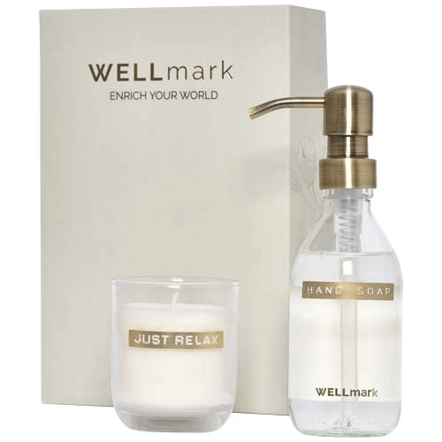 Wellmark Discovery 250 ml hand soap dispenser and 150 g scented candle set