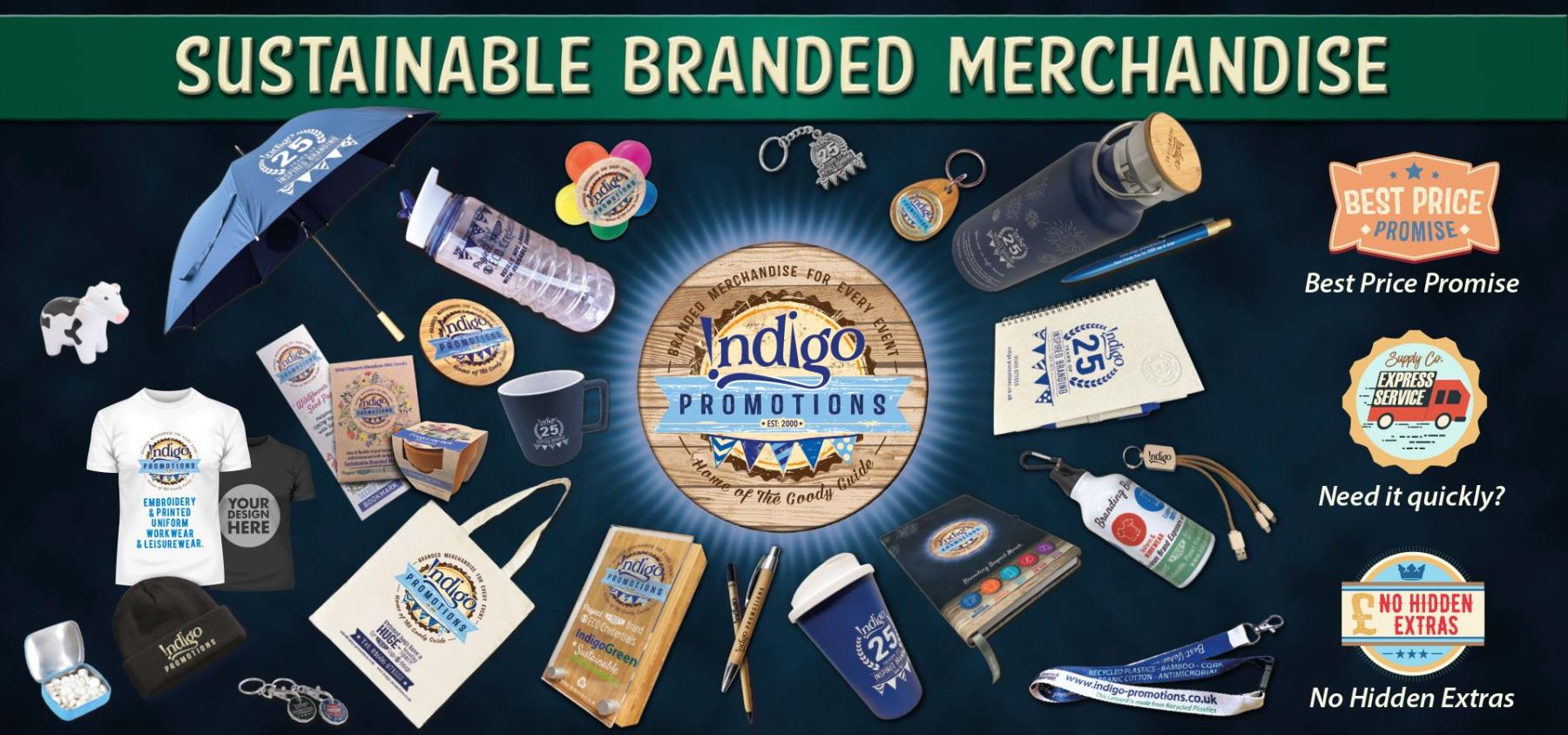 An image showcasing a huge range of branded merchandise produced by Indigo Promotions