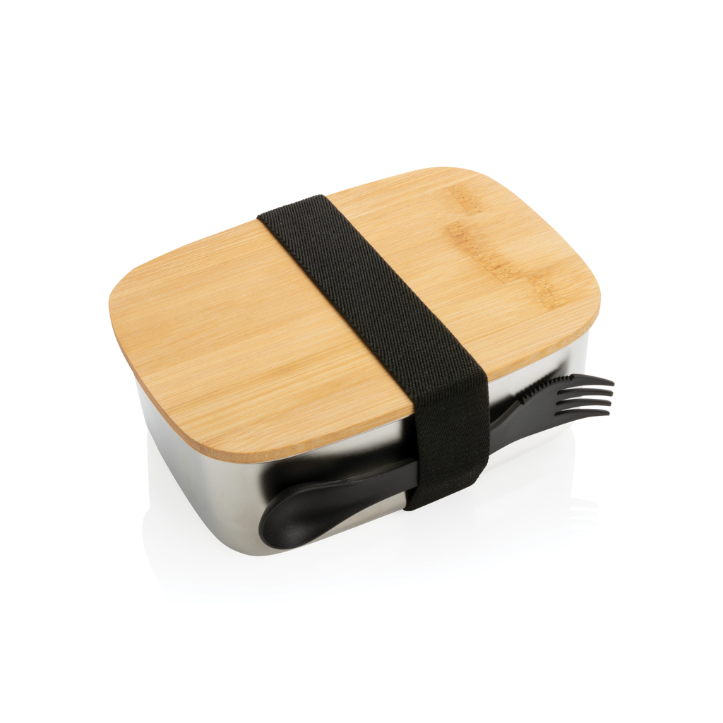 Stainless steel lunchbox with bamboo lid and spork