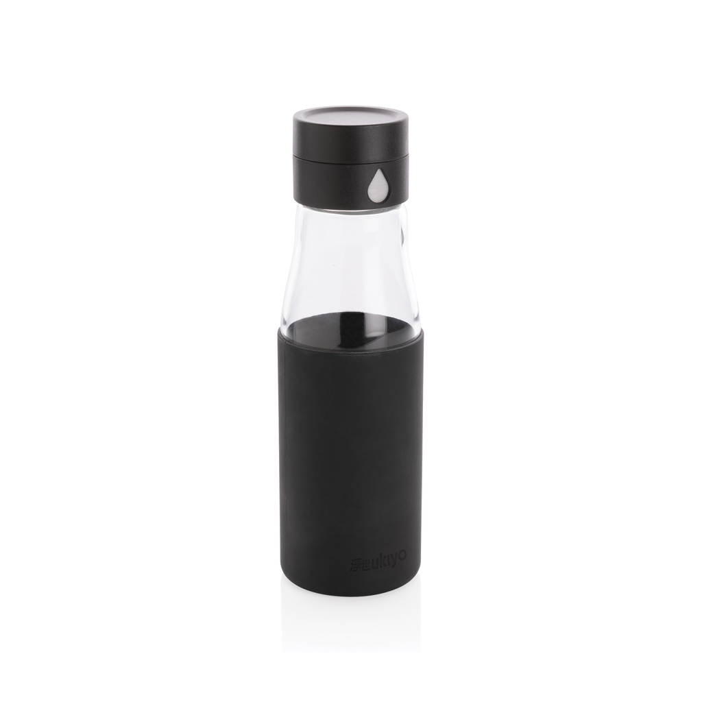 Ukiyo glass hydration tracking bottle with sleeve