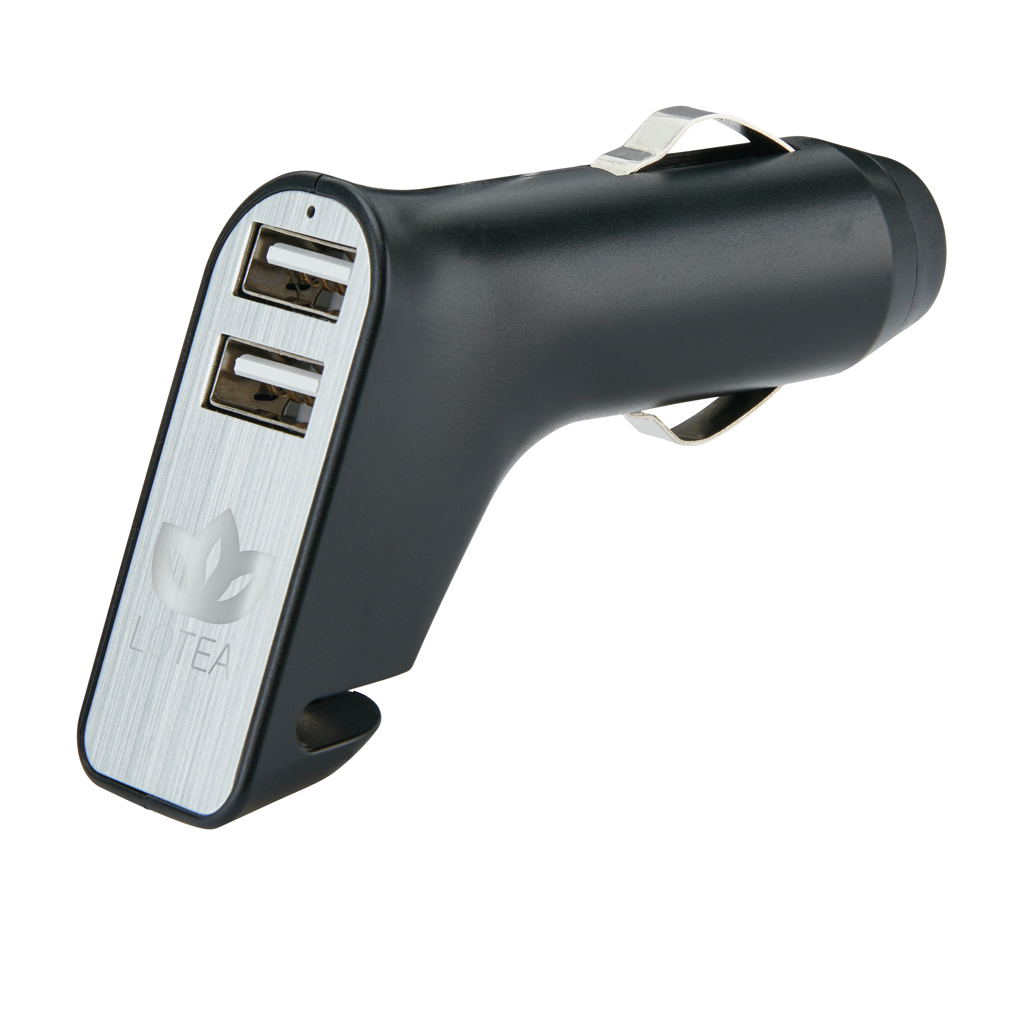 Dual port car charger with belt cutter and hammer