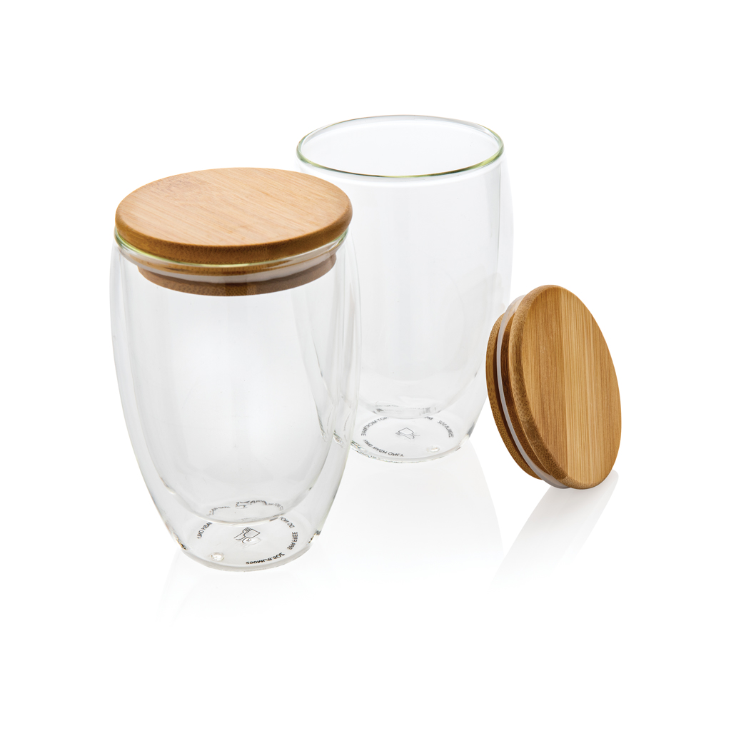 Double wall borosilicate glass with bamboo lid 350ml 2pc set